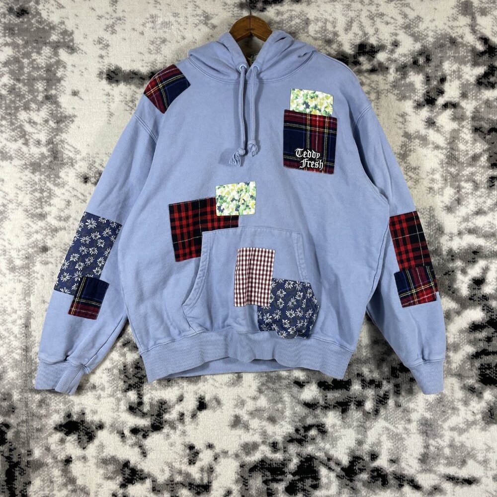 Teddy Fresh Hoodie Womens Size Small Blue Patchwork Casual Comfort